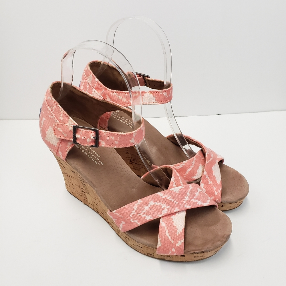 Toms Pink and White Cork Wedged Heeled Sandals Size 7.5W